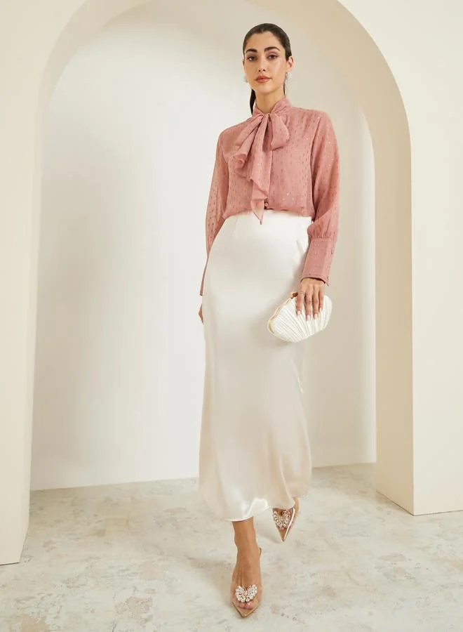 Styli Women Pink Textured Tie-Neck Blouse
