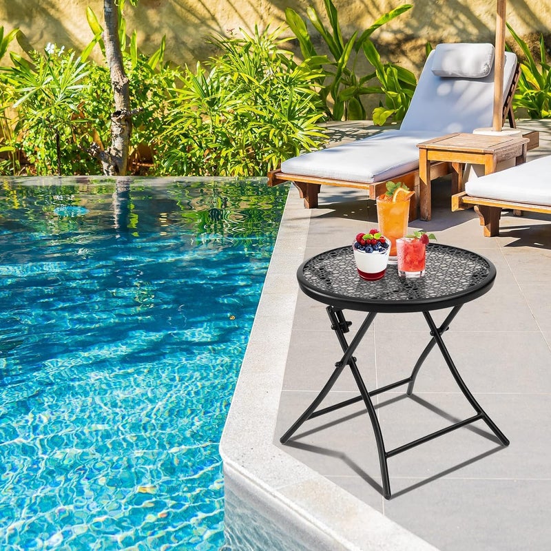 TeoKJ Foldable Outdoor Side Table, Anti-Rust Small Patio Table, Round Metal Side Table with Flower Cutouts for Yard, Balcony, Deck, Lawn, Black - Image 2