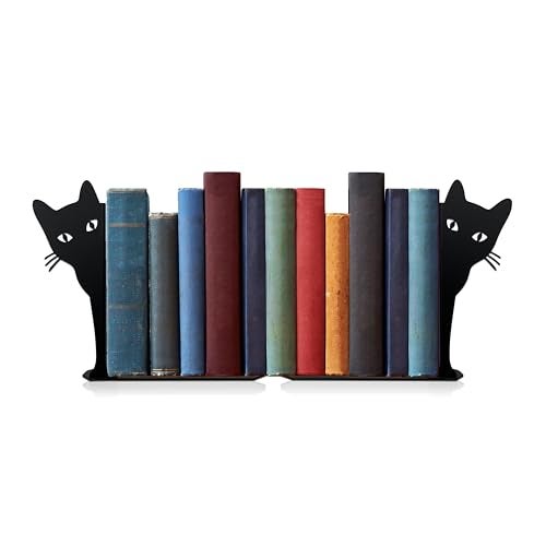 Ecqizer Peeping Cat Metal Bookends Cute Cat Book Ends for Shelves Bookshelf Decorative Objects Home Office Desk Bookshelf Decor Cat Lover Gifts for Women (Black) - Image 1