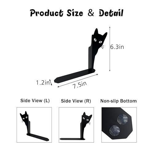 Ecqizer Peeping Cat Metal Bookends Cute Cat Book Ends for Shelves Bookshelf Decorative Objects Home Office Desk Bookshelf Decor Cat Lover Gifts for Women (Black) - Image 2