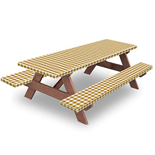 KENOBEE KENOBEE 6ft Picnic Table and Bench Cover Camping Essentials RV Gear 72 in Waterproof Windproof Outdoor Elastic All Around Tablecloth Fitted Rectangle Tables and Seats CoffeeWhite Checkered 