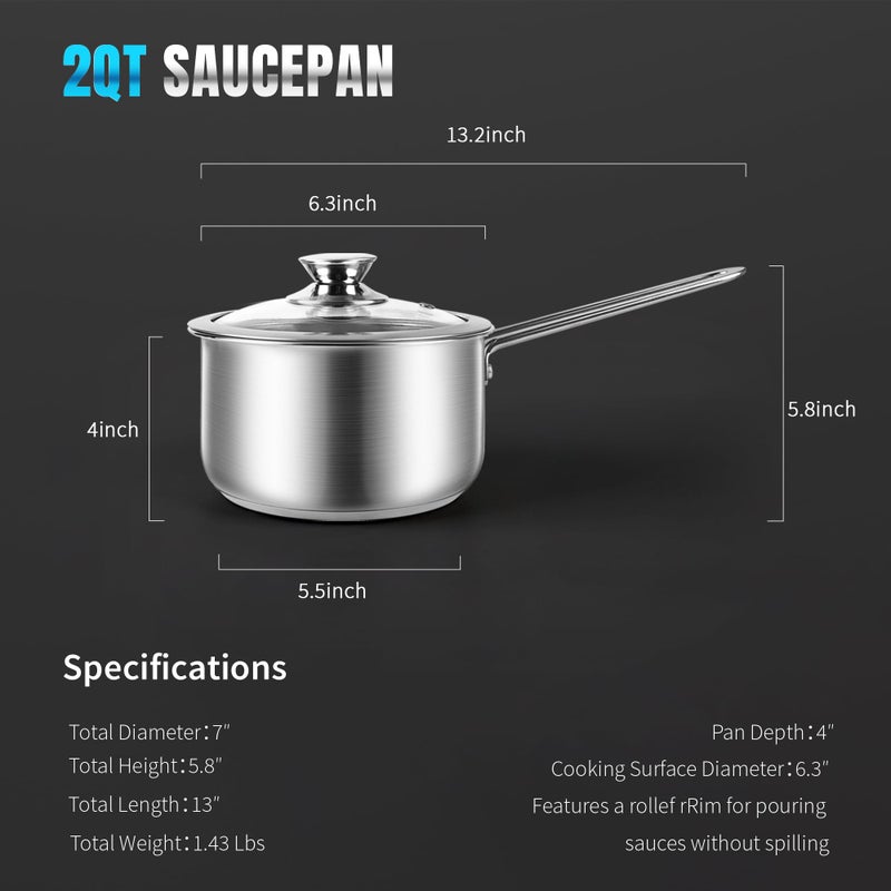 AuFrancÂ® 2 Quart Tri-ply Stainless Steel Saucepan with Glass Lid, Induction Sauce Pan Compatible with All Cooktops, Non-Toxic Sauce Pot with Stay Cool Handle, Oven & Dishwasher Safe (Silver) - Image 2