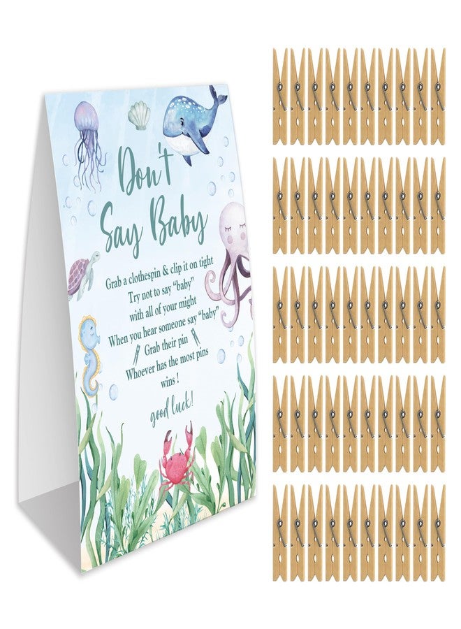 Xenseou Don't Say Baby Game for Baby Shower, 50 Wooden Clothespins and one Sign, Under The Sea, Ocean Theme, Pins for Baby Shower Decorations, Gender Reveal Games, Baby Shower Supplies-BB30 - Image 1
