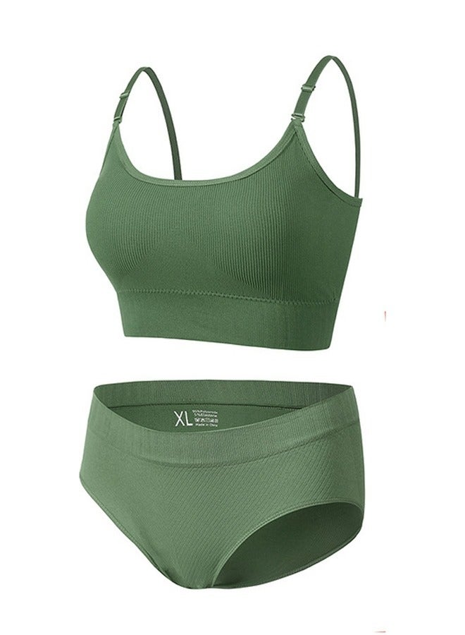 Loquat Women's Solid Color Sport Fitness Lingerie Set 2-piece Seamless Wireless Adjustable Shoulders Vest Bra+Low Waist Briefs Sport Suit Army Green 