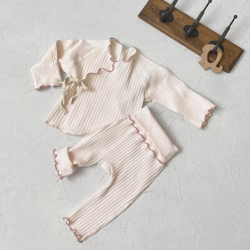 Baby Cotton Autumn Set Monk Top and High-Waist Pants Cream suit (monk dress high waist pants) 