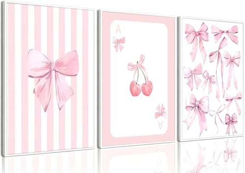 Shrandi 3 Pcs Pink Bow Canvas Wall Art Preppy Cherry Playing Cards Bow Posters Print Coquette Striped Aesthetic Picture Girls Room Wall Decor for Bedroom Living Room Dorm Apartment Decoration 1216In Unframed - Image 1