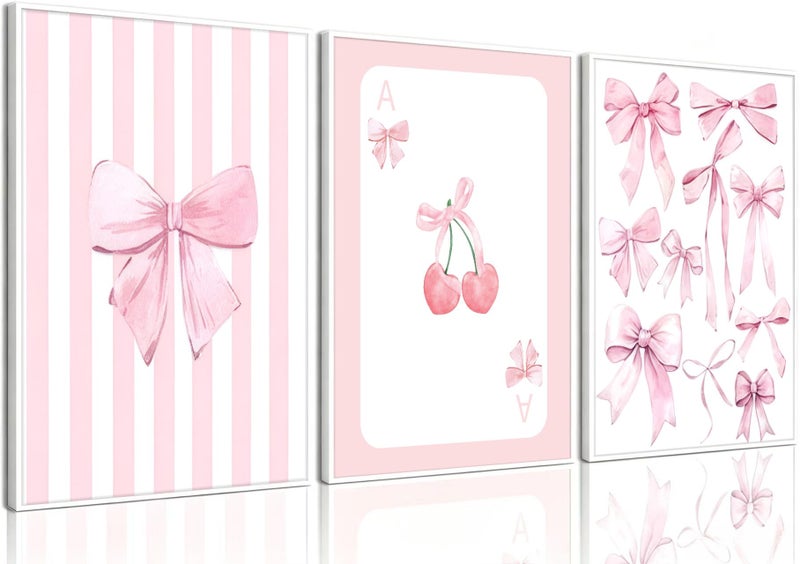 Shrandi 3 Pcs Pink Bow Canvas Wall Art Preppy Cherry Playing Cards Bow Posters Print Coquette Striped Aesthetic Picture Girls Room Wall Decor for Bedroom Living Room Dorm Apartment Decoration 1216In Unframed - Image 2