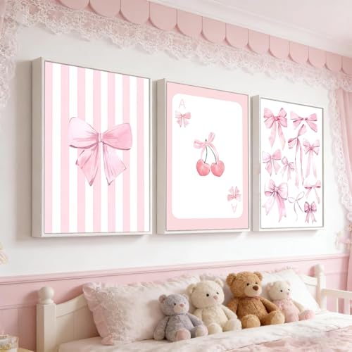 Shrandi 3 Pcs Pink Bow Canvas Wall Art Preppy Cherry Playing Cards Bow Posters Print Coquette Striped Aesthetic Picture Girls Room Wall Decor for Bedroom Living Room Dorm Apartment Decoration 1216In Unframed - Image 3