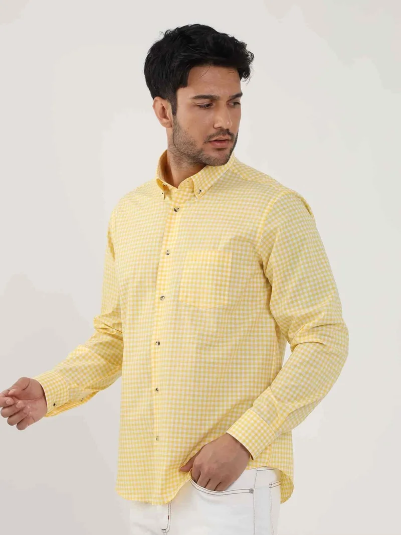 Dufy Yellow Men's Regular Fit Checked Brent Button Collar Long Sleeve Shirt - 102349