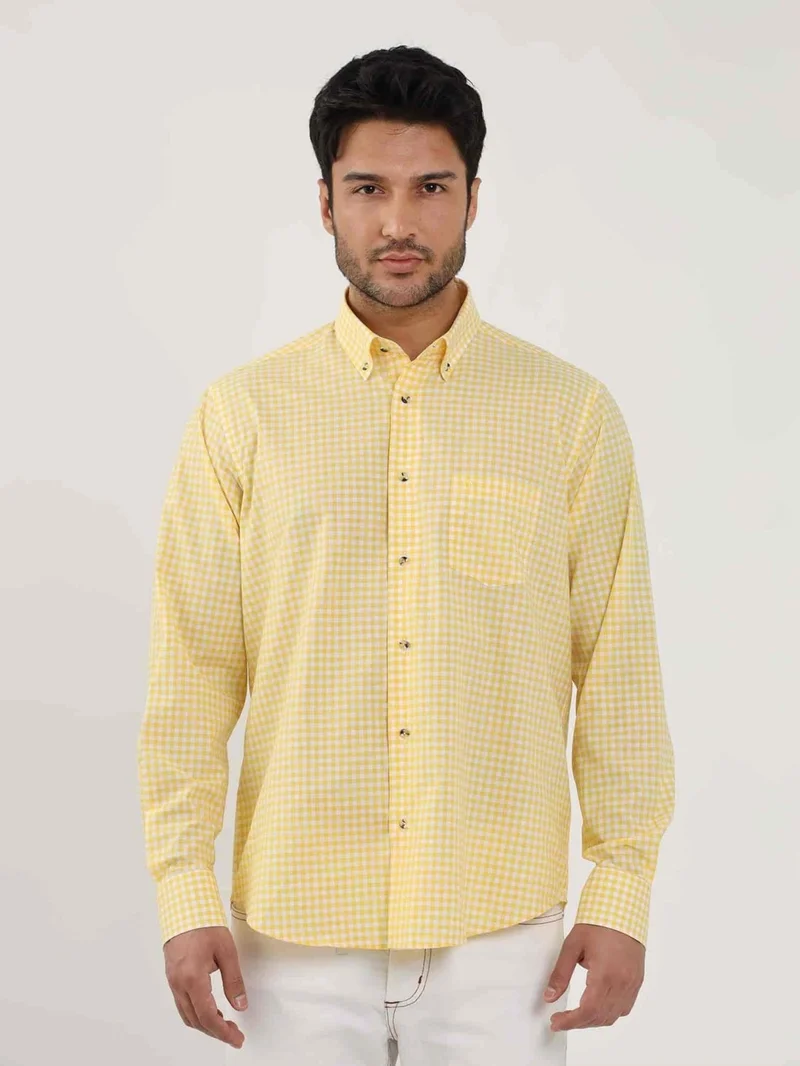 Dufy Yellow Men's Regular Fit Checked Brent Button Collar Long Sleeve Shirt - 102349