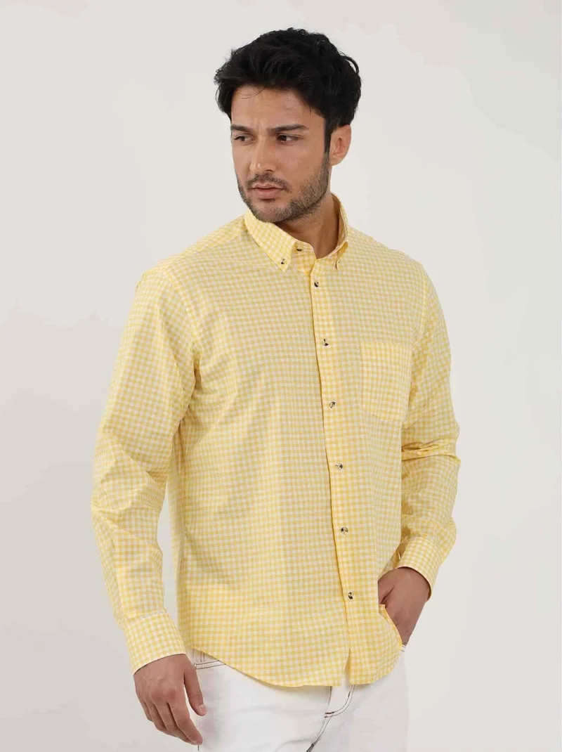 Dufy Yellow Men's Regular Fit Checked Brent Button Collar Long Sleeve Shirt - 102349