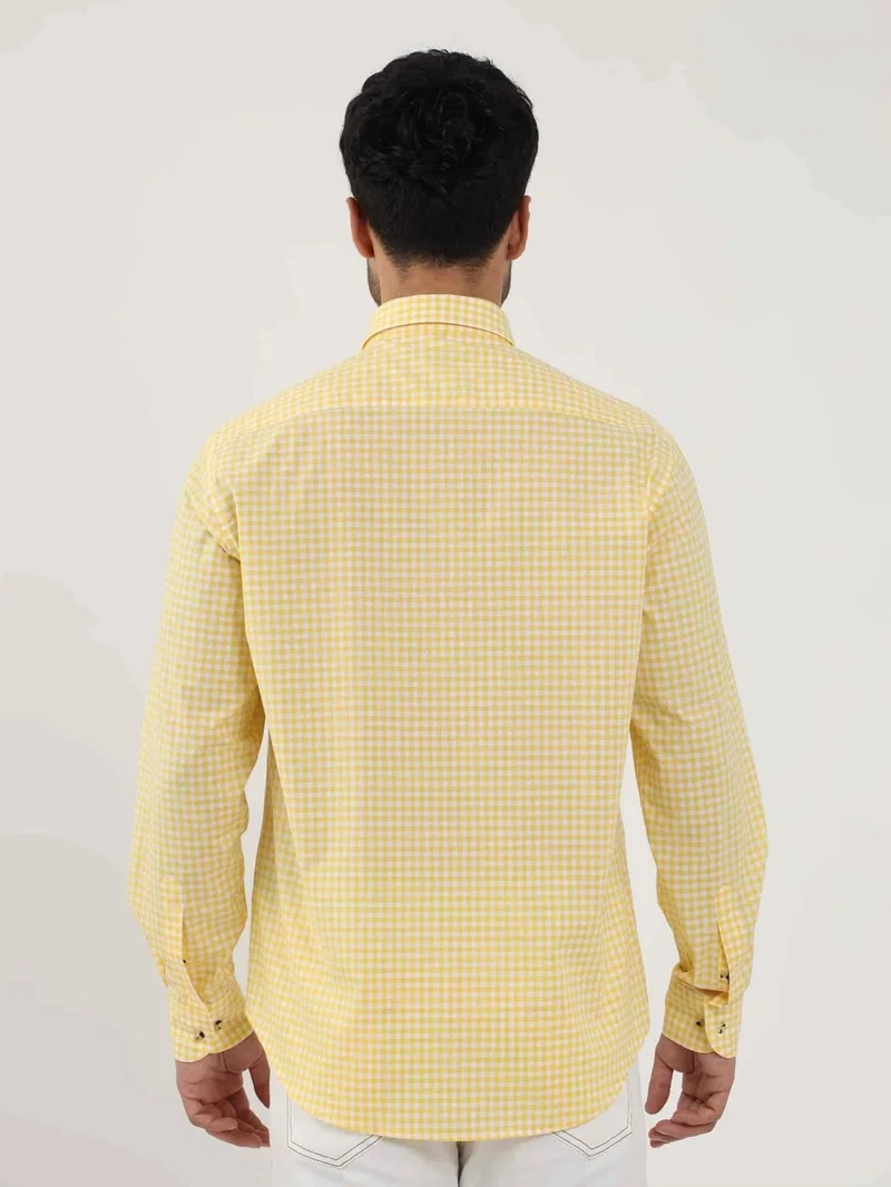 Dufy Yellow Men's Regular Fit Checked Brent Button Collar Long Sleeve Shirt - 102349