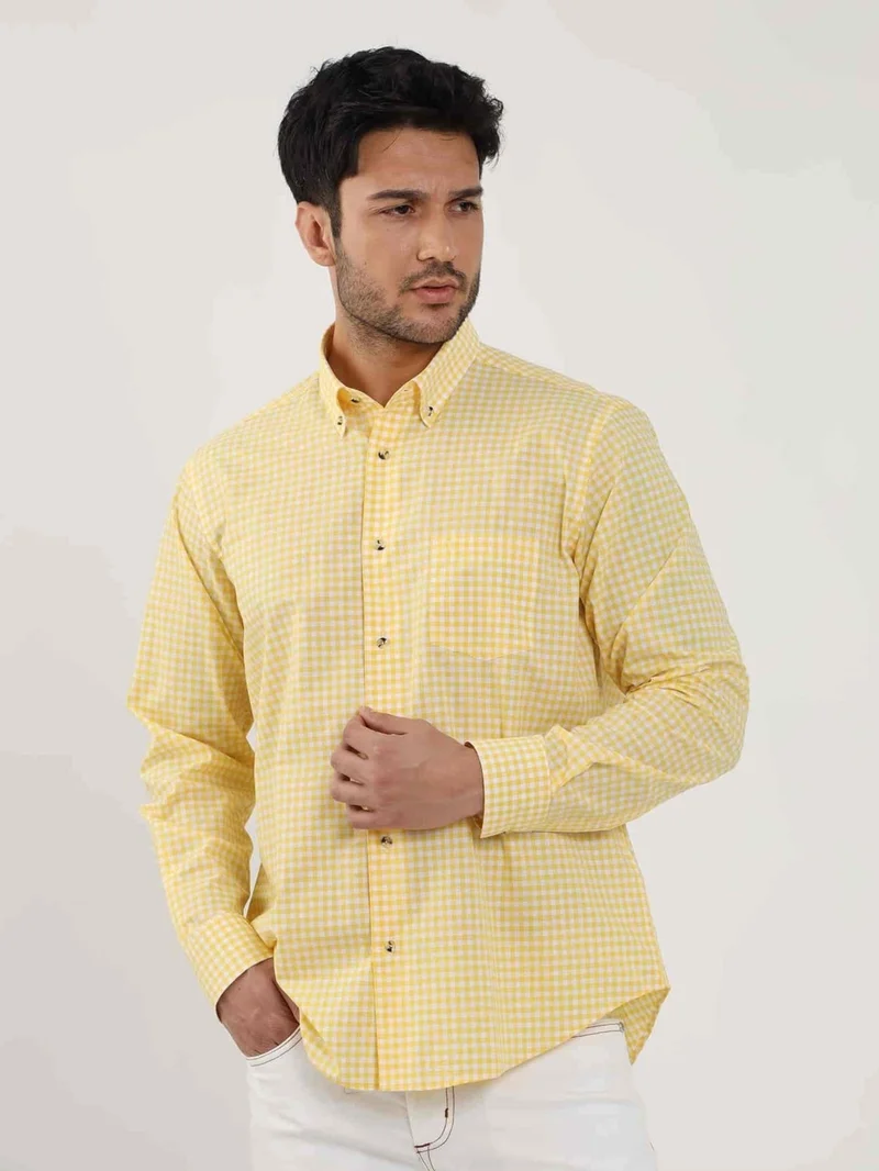 Dufy Yellow Men's Regular Fit Checked Brent Button Collar Long Sleeve Shirt - 102349