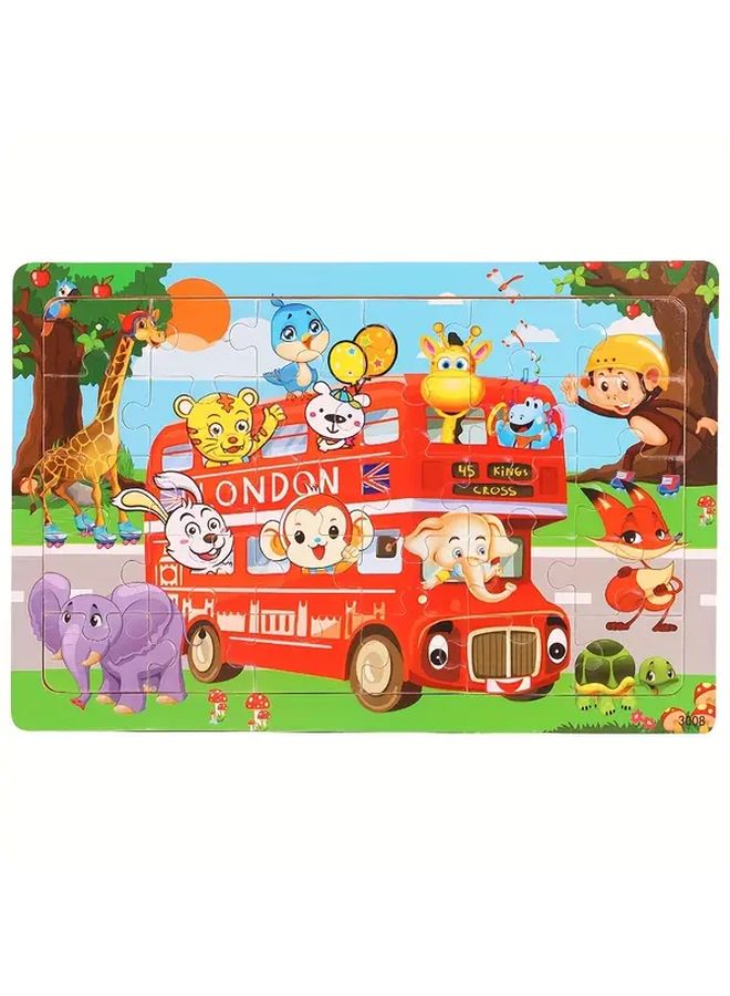 ألغاز خشبية للأطفال حافلة مدرسة الحيوانات ألعاب تعليمية - Image 1