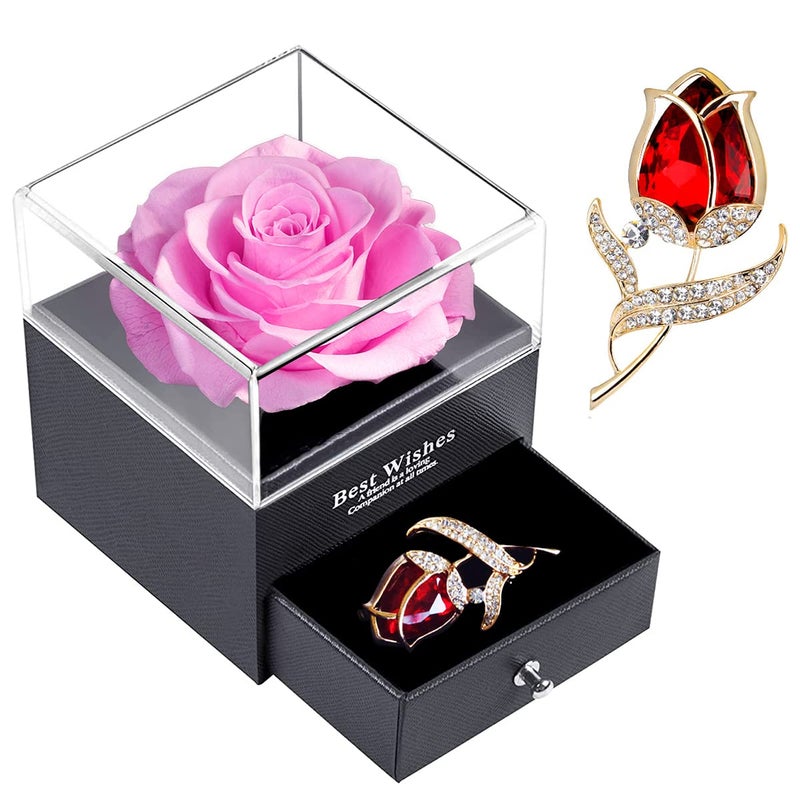 Forever Pink Rose Jewelry Gift Box Enchanted Real Rose with Ruby Rose BroochHandmade Eternal FlowerPreserved Rose for WomenWifeGirlfriendMum on Valentines Day AnniversaryBirthdayMothers Day