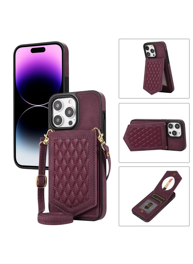 S-TOP Case For iPhone 14 Pro Max Rhombic Texture RFID Phone Case with Lanyard & Mirror - Image 1