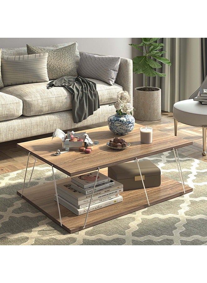 Home Canvas Tar Coffee Table for Living Room | Easy to Assemble Rectangular Tar Coffee Table with Bottom Shelf - Walnut/Chrome - Image 1