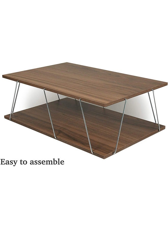 Home Canvas Tar Coffee Table for Living Room | Easy to Assemble Rectangular Tar Coffee Table with Bottom Shelf - Walnut/Chrome - Image 4