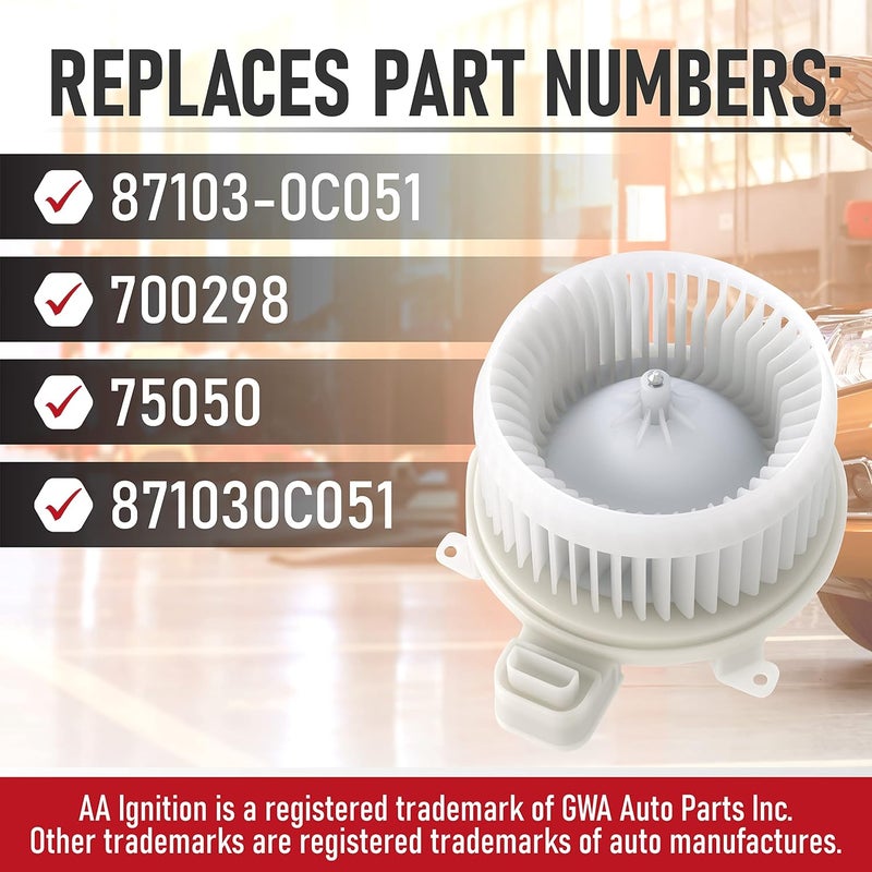 AA Ignition محرك مروحة تكييف هواء بديل - متوافق مع مركبات تويوتا - سيكويا 2008، 2009، 2010، 2011-2019، سيينا 2011-2020 - يحل محل الجزء 87103-0C051، 700298، 75050، 871030C051 - مجموعة المروحة - Image 3