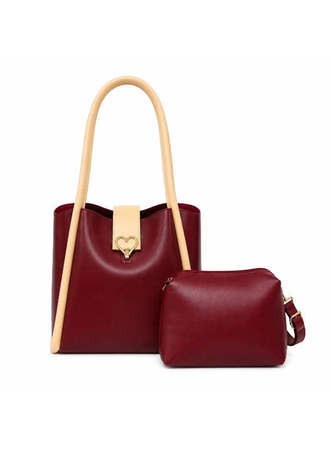 Kanaz "Sweet Heart" 2-Piece Women's Bag Set – Fashion Top-Handle Tote with Metallic Heart Clasp & Matching Zippered Crossbody Shoulder Purse. - Image 1