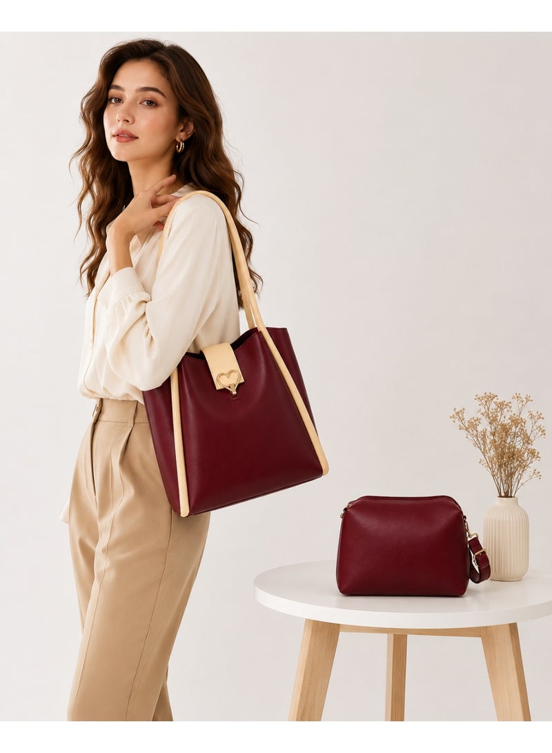 Kanaz "Sweet Heart" 2-Piece Women's Bag Set – Fashion Top-Handle Tote with Metallic Heart Clasp & Matching Zippered Crossbody Shoulder Purse. - Image 2