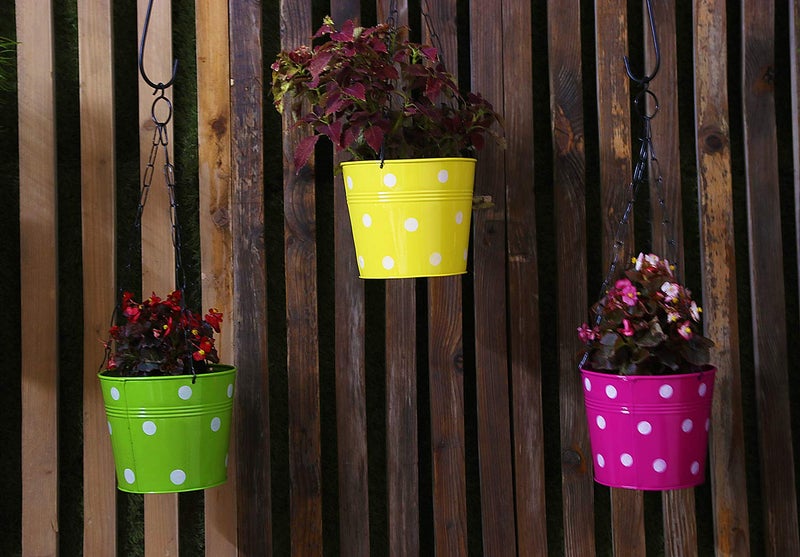 Leafy Tales Metal Chain Hanging Planter - Set of 5 (Rust Free - Red, Green, Yellow, Pink, Purple) - with Chains, 14 cm x 17 cm x 14.5 cm - Image 5