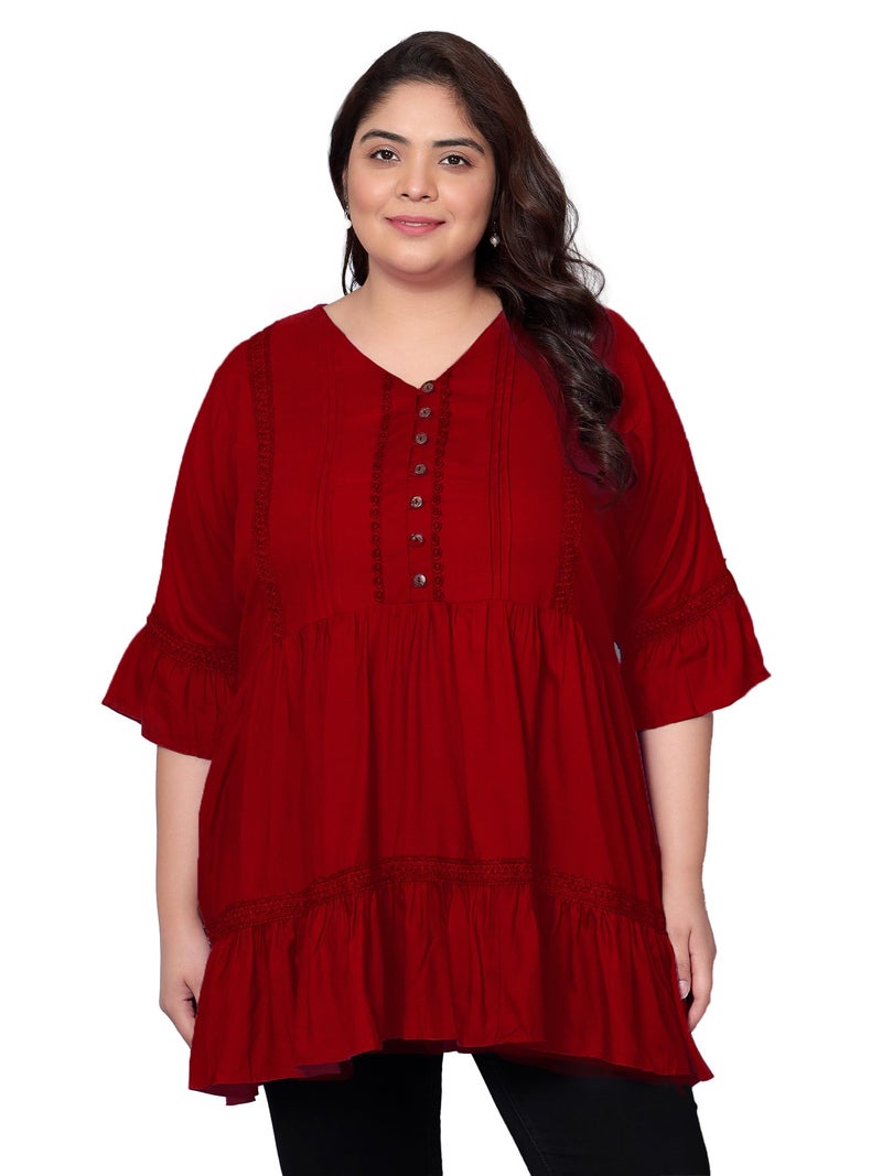 Indietoga Women's Plus Size Rayon Tiered Longline Tunic Top with Pockets (P10001631_Red Solid_XL) - Image 1