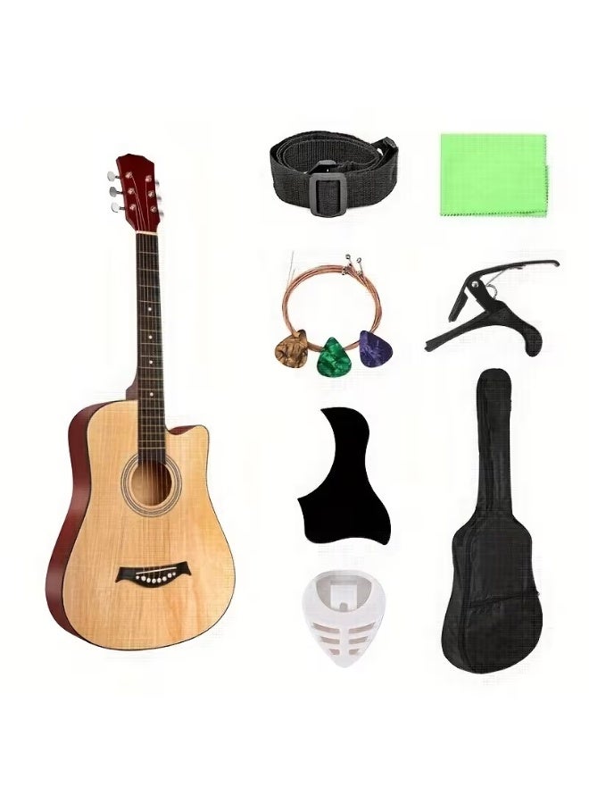 Megarya طقم بدء تشغيل جيتار أكوستيك للمبتدئين 38 بوصة يتضمن حقيبة ظهر، كابو، حزام قابل للتعديل، ريش، أوتار، قطعة قماش للتنظيف، ووسادة لحماية الخدوش (طبيعي) - Image 1