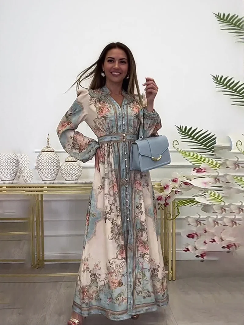 Outzidr  Blue Placement Print Shirt Maxi Dress for Women | Best Price UAE
