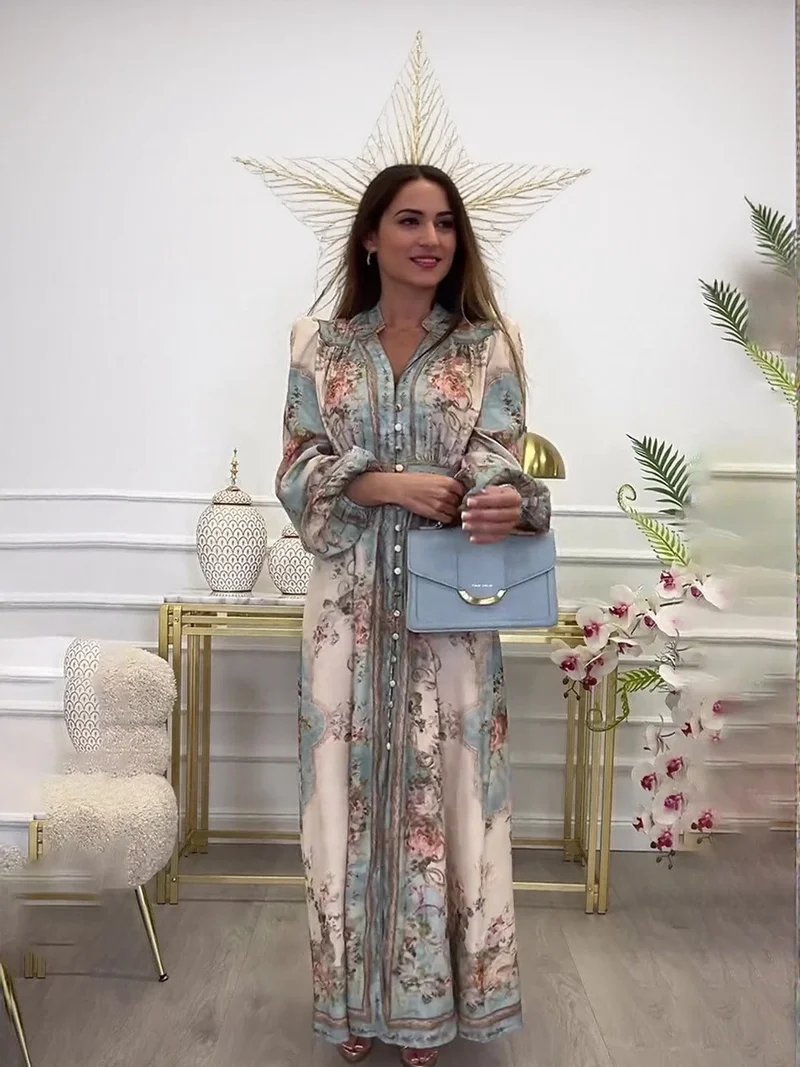 Blue Placement Print Shirt Maxi Dress