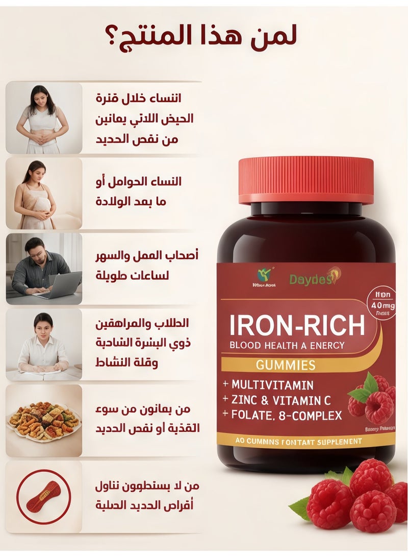 Wins Town Daynee Iron-Rich Gummies, Iron Supplement with Multivitamin, Zinc, Vitamin C, Folate & B Complex, High Absorption Iron Chewable Gummy for Women Support Blood Health, Energy & Vitality, Gentle on Stomach, Berry Flavor, 60 Count 30 Days Supply - Image 2