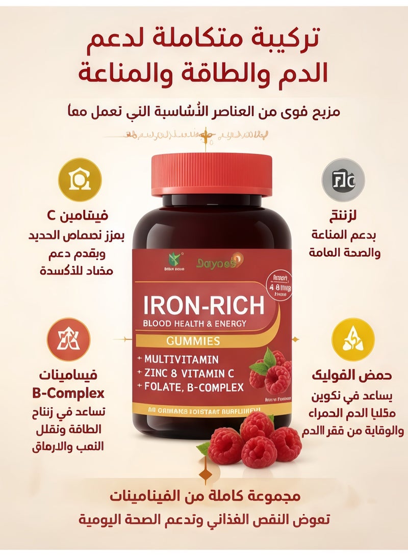 Wins Town Daynee Iron-Rich Gummies, Iron Supplement with Multivitamin, Zinc, Vitamin C, Folate & B Complex, High Absorption Iron Chewable Gummy for Women Support Blood Health, Energy & Vitality, Gentle on Stomach, Berry Flavor, 60 Count 30 Days Supply - Image 4
