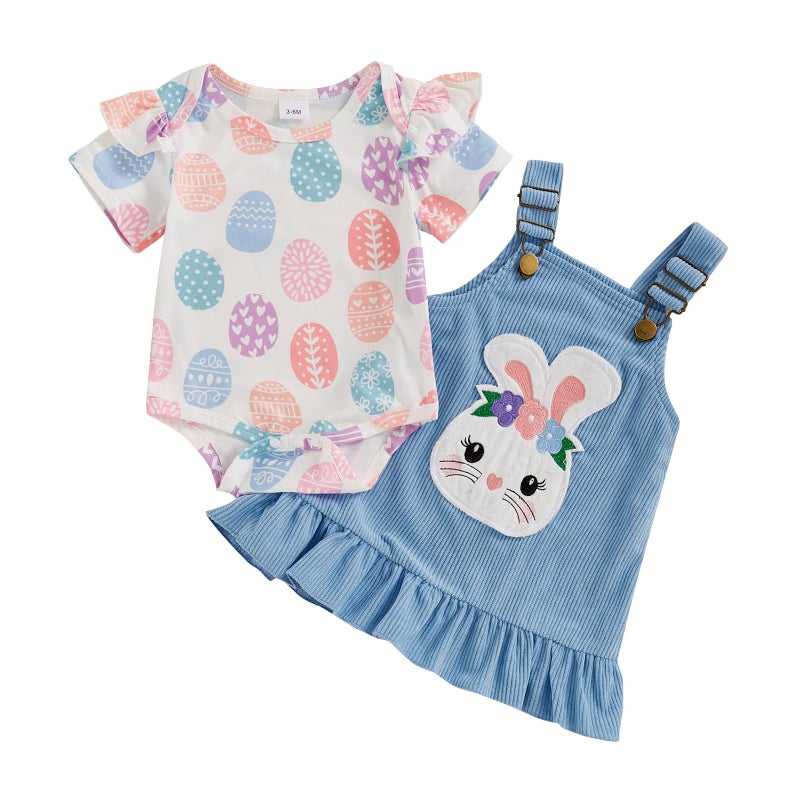 DNOMAID YZARC Easter Baby Girl Clothes Egg Short Sleeve Romper Bunny Embroidery Suspender Skirt Set Newborn Dress Outfit Blue 36 Months - Image 2