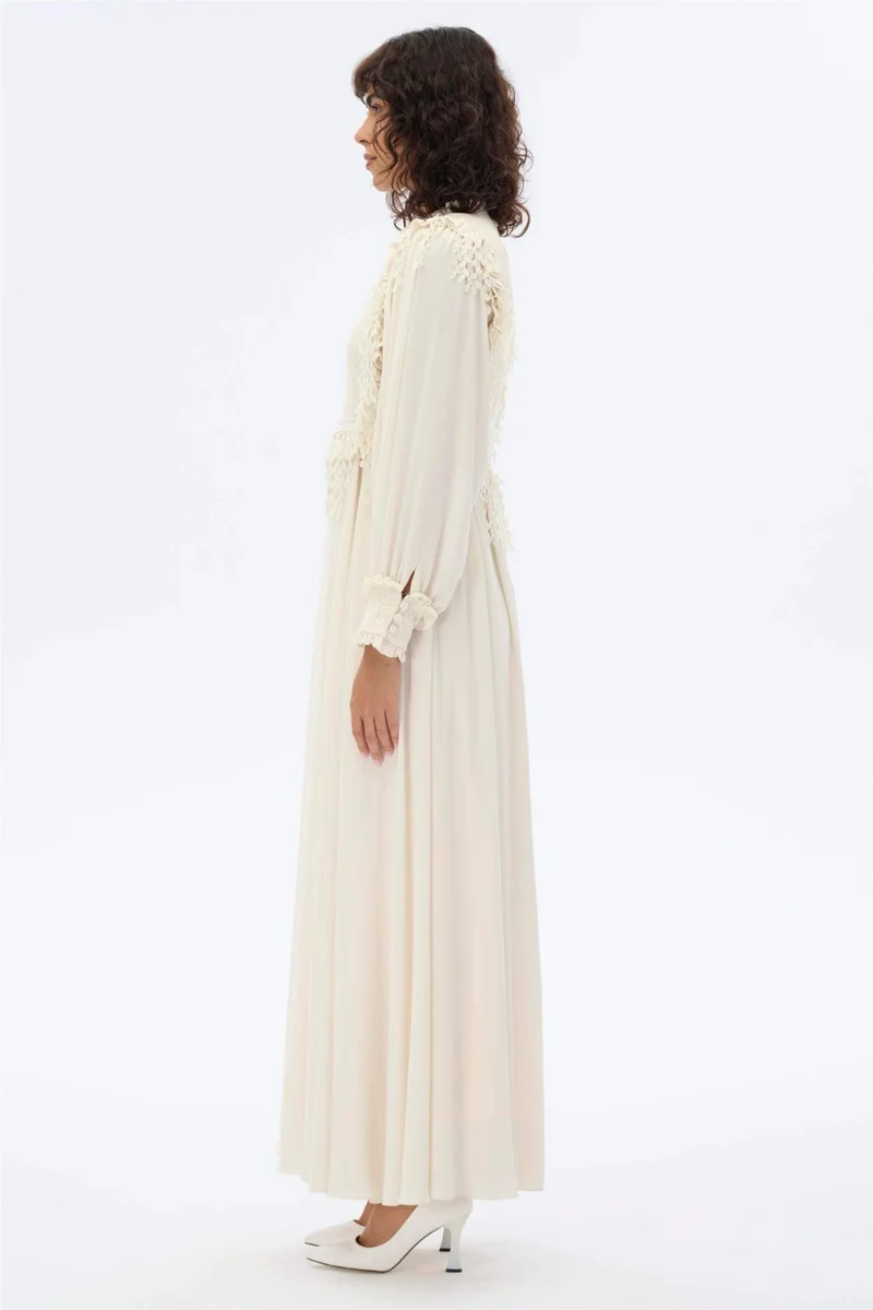 Miha Romantic Dress with Leaf Detail in Ecru