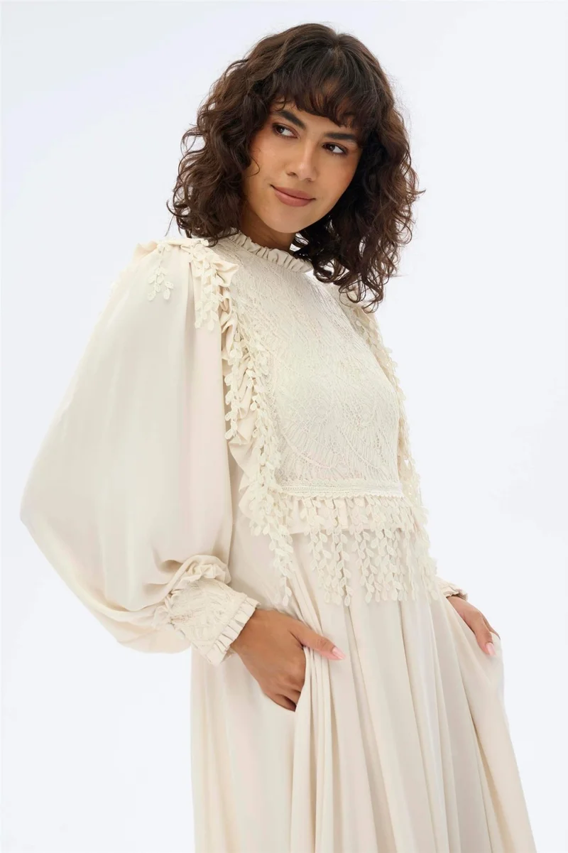 Miha Romantic Dress with Leaf Detail in Ecru