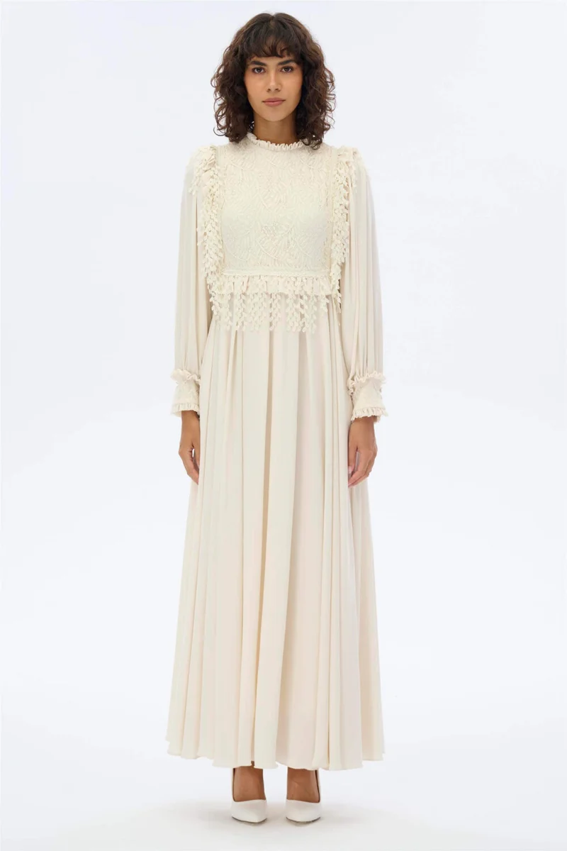 Miha Romantic Dress with Leaf Detail in Ecru