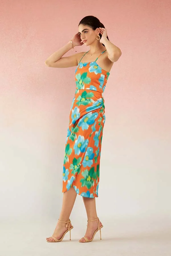 Virgio Satin Strappy Floral Dress