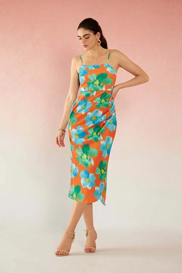 Virgio Satin Strappy Floral Dress