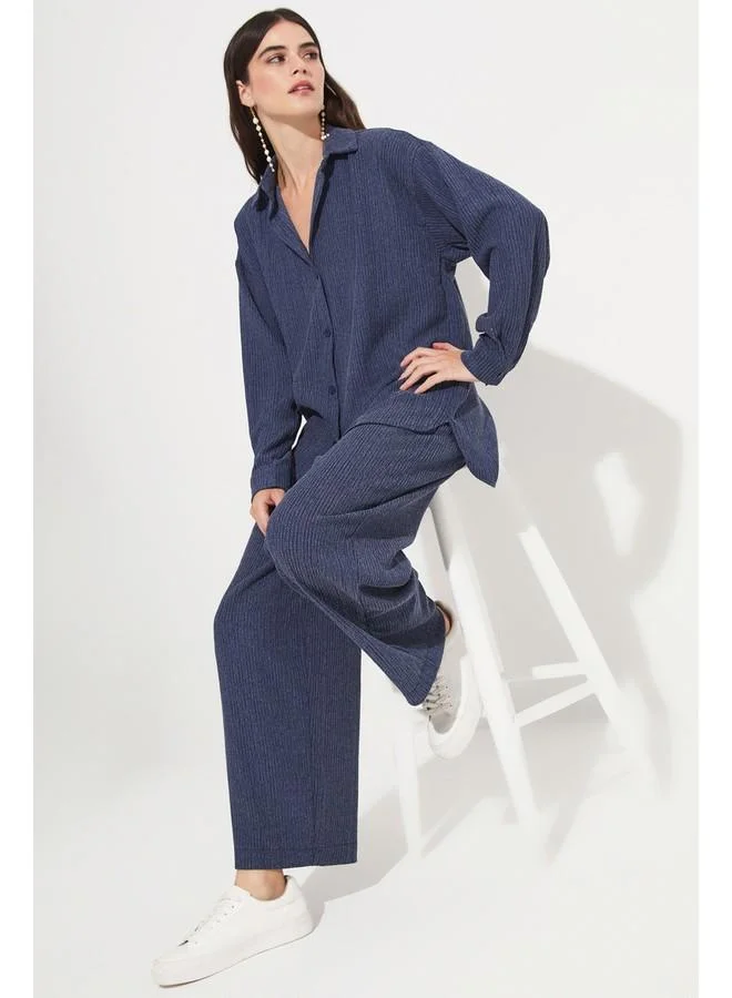 جون June Women Cotton Blend Shirt Trouser Set Navy