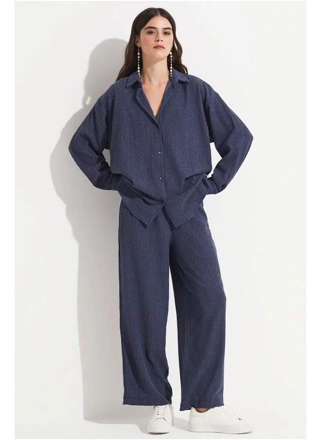 جون June Women Cotton Blend Shirt Trouser Set Navy