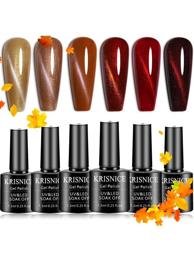 KRISNICE - 3D Magnetic Cat Eye Gel Polish Set 6 Color Gold Sauce red Brown Colors Nail Polish Soak Off UV Gel Varnish Nail Salon Kit with 1PC Magnet Stick (KMY6-004) - Image 1