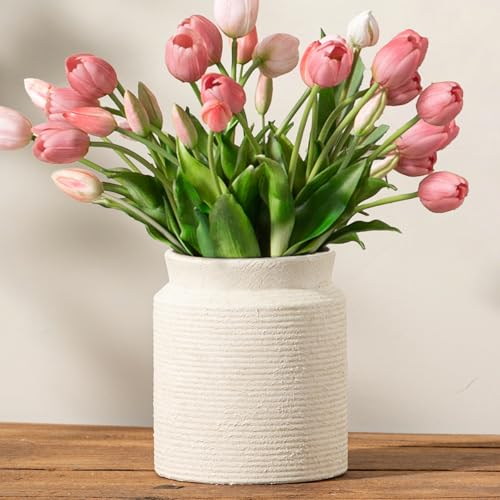 Dobbyby Ceramic Flower Vase 7.5 inch Farmhouse Rustic Vase for Home Decor Handcrafted Pottery Terracotta Vases for Dining Table Decor Fireplace Living Room Bathroom Wedding Centerpiece (M-Off White) - Image 1