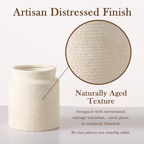 Dobbyby Ceramic Flower Vase 7.5 inch Farmhouse Rustic Vase for Home Decor Handcrafted Pottery Terracotta Vases for Dining Table Decor Fireplace Living Room Bathroom Wedding Centerpiece (M-Off White) - Image 2