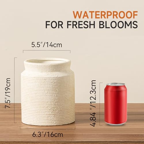 Dobbyby Ceramic Flower Vase 7.5 inch Farmhouse Rustic Vase for Home Decor Handcrafted Pottery Terracotta Vases for Dining Table Decor Fireplace Living Room Bathroom Wedding Centerpiece (M-Off White) - Image 3