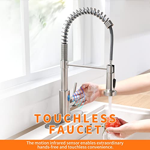 OWOFAN Touchless Kitchen Faucet with Pull Down Sprayer LED Light Single Handle Kitchen Sink Faucet Motion Sensor Smart Hands-Free, Stainless Steel Brushed Nickel 1080SN - Image 2