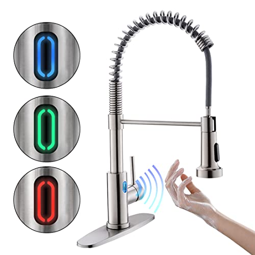 OWOFAN Touchless Kitchen Faucet with Pull Down Sprayer LED Light Single Handle Kitchen Sink Faucet Motion Sensor Smart Hands-Free, Stainless Steel Brushed Nickel 1080SN - Image 1