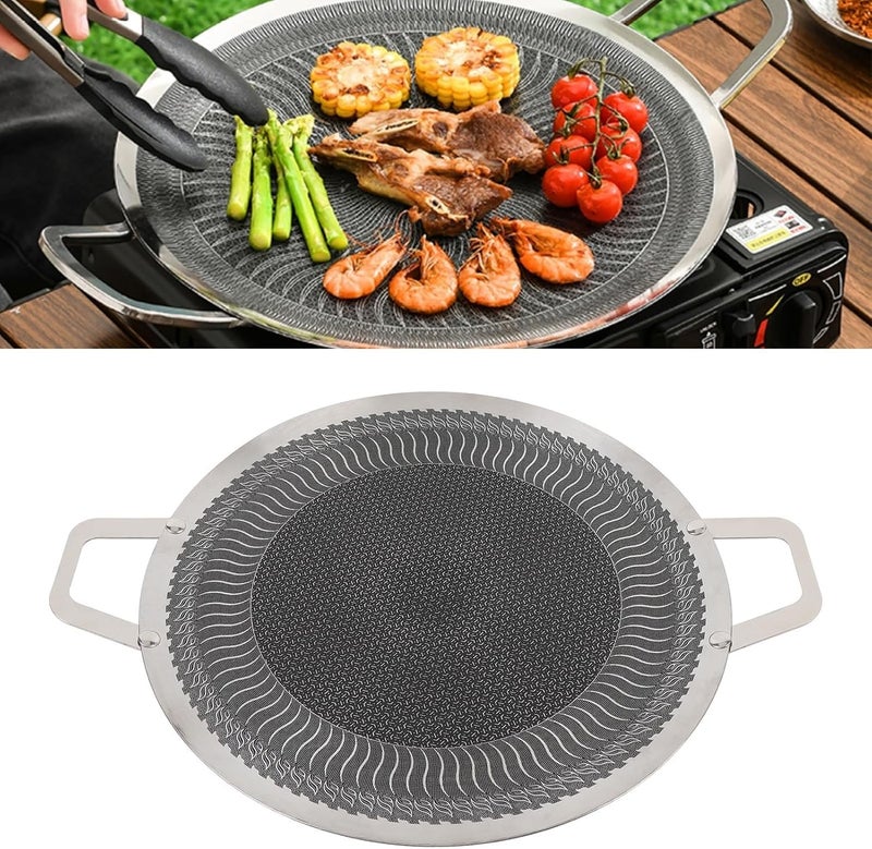 HAPPY HOME Bbq Grill, Round Stainless Steel Nonstick Grill Pan with 2 Handles for Induction Cooktop Outdoor Camping Barbecue, Korean Frying Pan Griddle for Bacon Sausage Egg Seafood (34CM) - Image 1