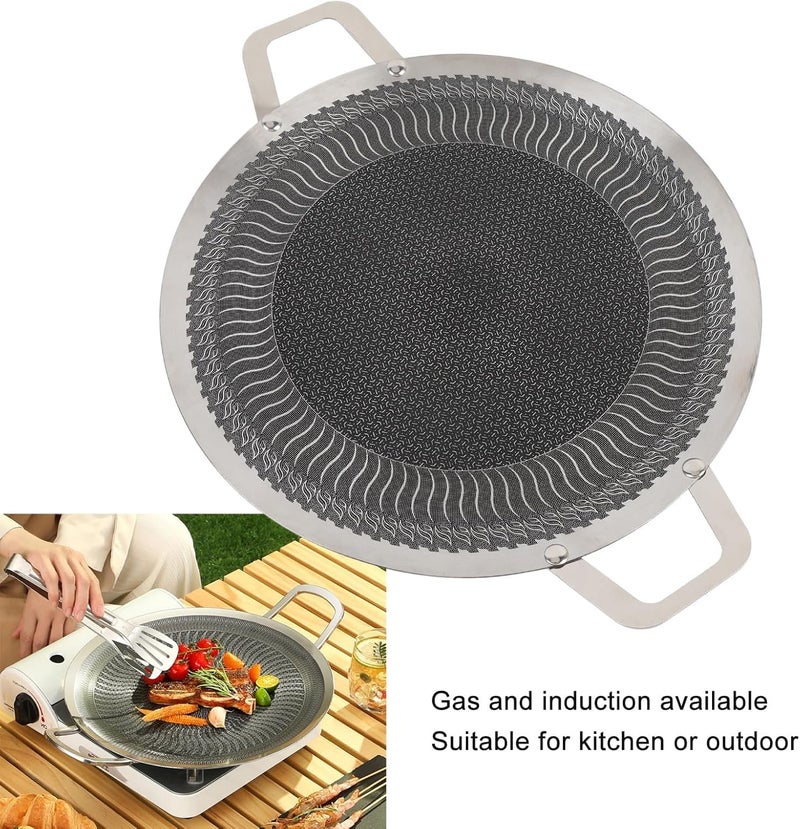 HAPPY HOME Bbq Grill, Round Stainless Steel Nonstick Grill Pan with 2 Handles for Induction Cooktop Outdoor Camping Barbecue, Korean Frying Pan Griddle for Bacon Sausage Egg Seafood (34CM) - Image 2