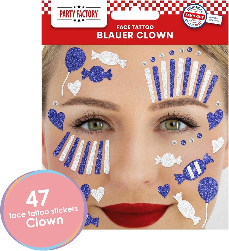 Party Factory Trendy natural assorted colors Face Tattoo Blue/White Clown, Temporary Glitter Face Tattoo for Theme Party, Halloween & Carnival, Children & Adults Market multi-use trusted quality - Image 2