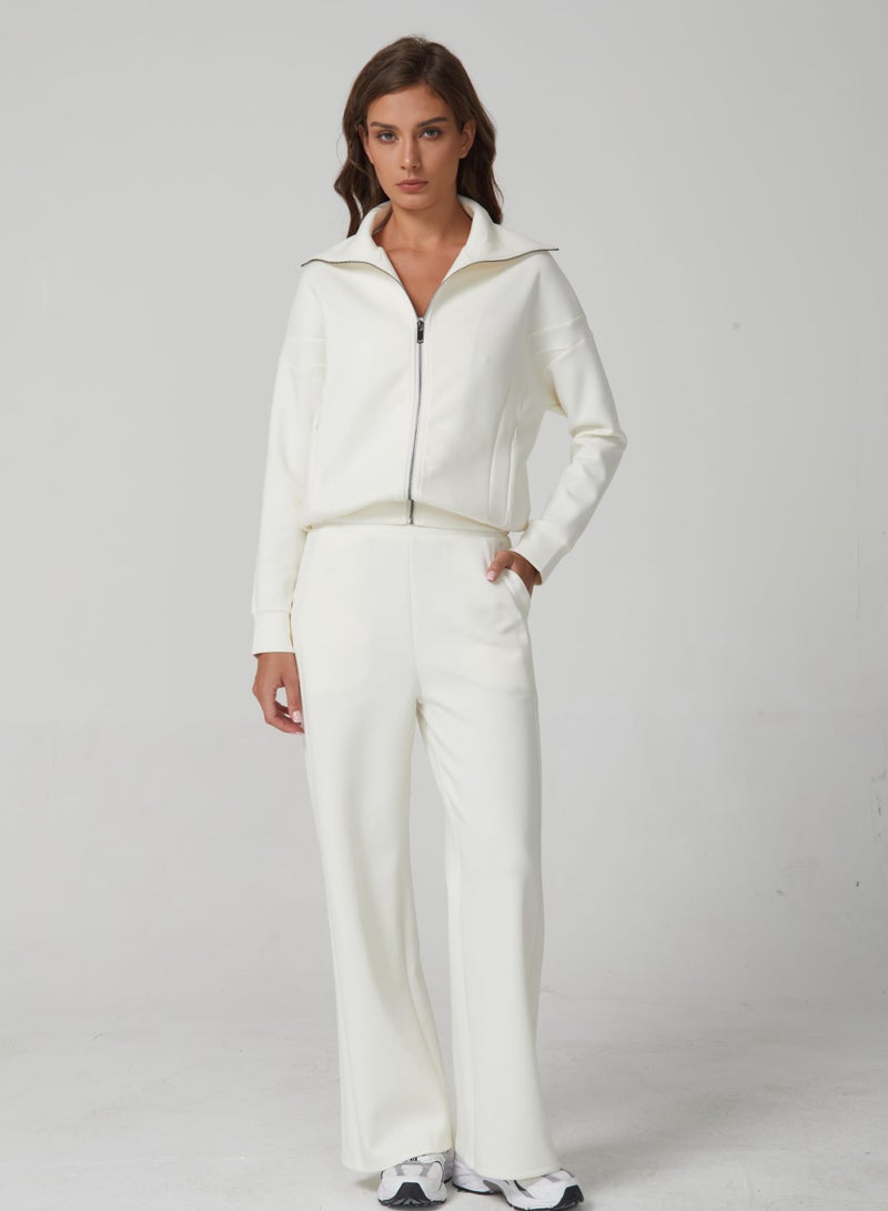 QINSEN Women's 2 Piece Matching Set Long Sleeve Zip Up Lapel Jacket High Waist Wide Leg Pants Tracksuit Beige XL - Image 5